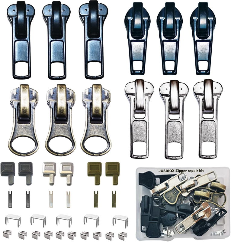 Zippers Repair Kit 39Pcs Fix on Sliders Pulls Retainer Box Pin Stop | Replacemen