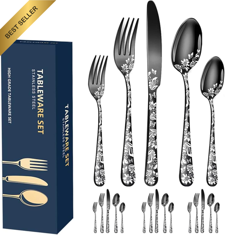 Black Flatware Cutlery Set 20PC for 4 Flower Pattern SS Dishwasher Safe