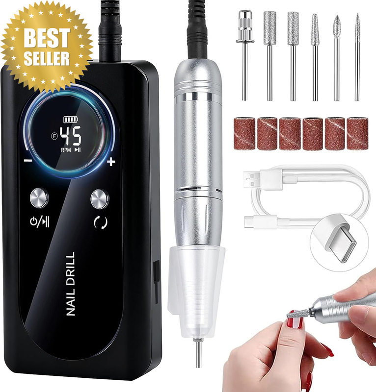 Cordless Nail Drill Professional: 45000 RPM Rechargeable Electric Nail File Kit,