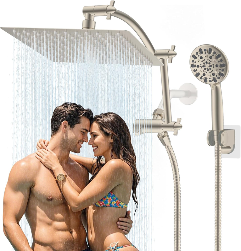 All Metal Shower Head,12'' High Pressure Rain Shower Head/Handheld Showerhead Combo with 16'' Adjustable Arc-Shaped Shower Extension Arm, 7-Spray, 71'' Hose, Showerhead Holder, Brushed Nickel