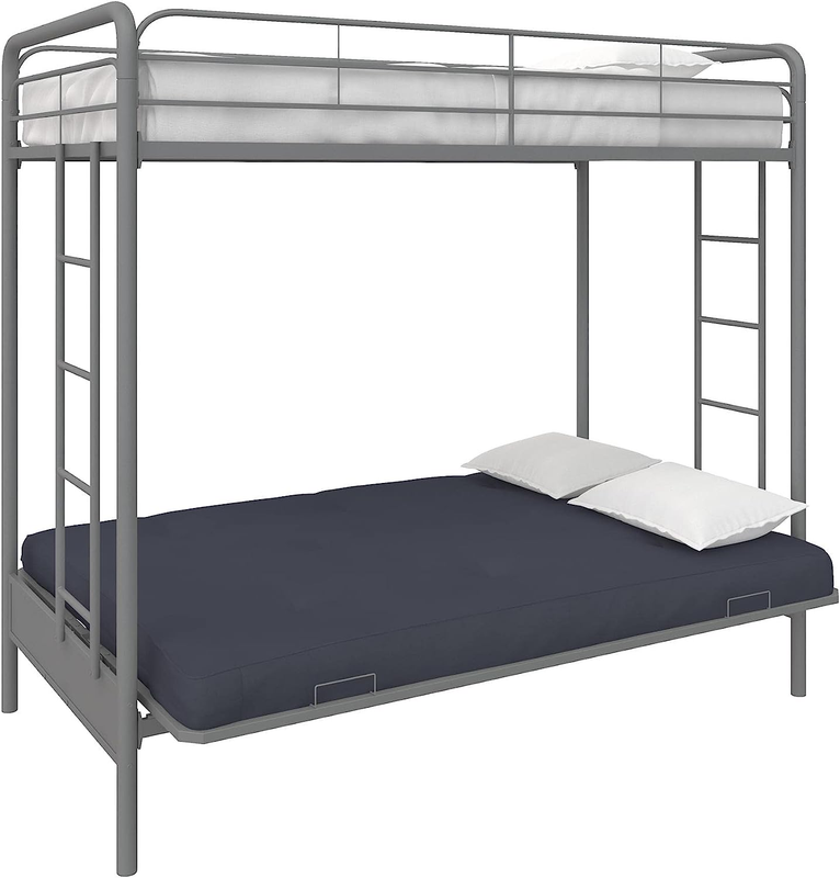 Twin-Over-Futon Convertible Couch and Bed with Metal Frame and Ladder - Silver