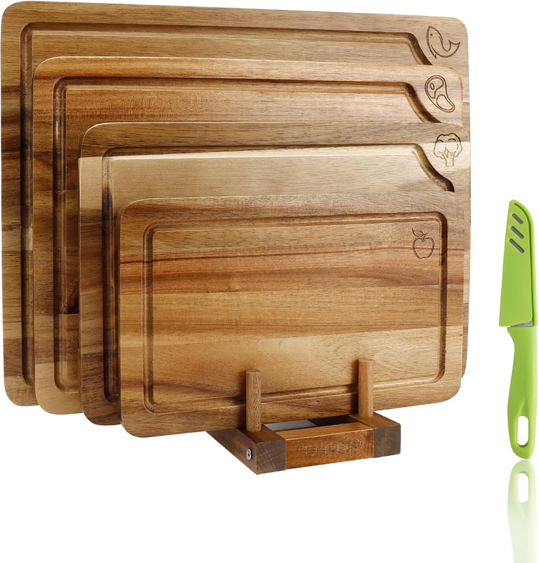 Acacia Wood Chopping Board Set of 4, Wooden Chopping Boards with Food Symbols fo