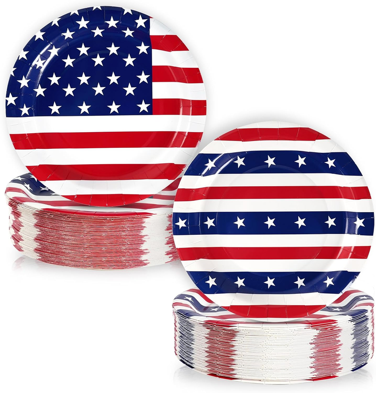 100 Pack 4th of July Paper Plates Patriotic Red White Blue American Flag 9 Inch