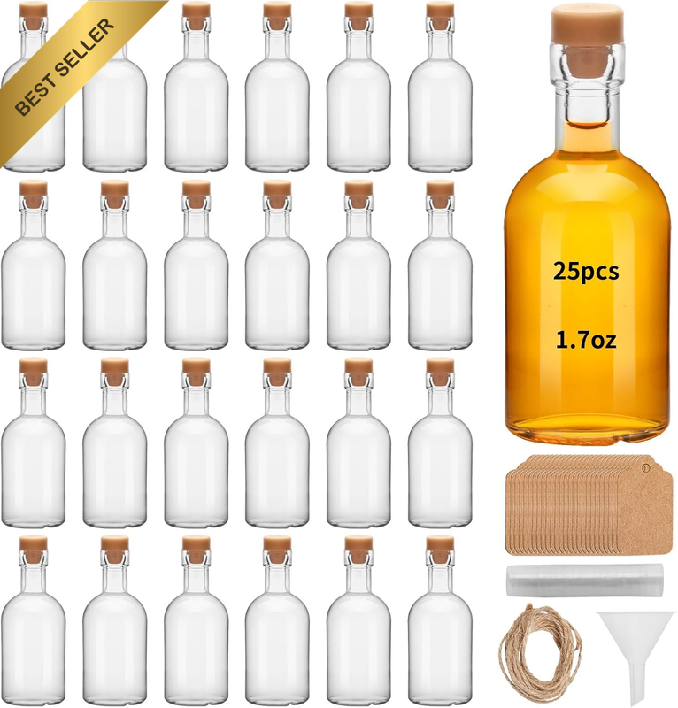 25 Pcs 1.7OZ Mini Glass Liquor Bottles with Lids Small Glass Wine Bottles Reusab
