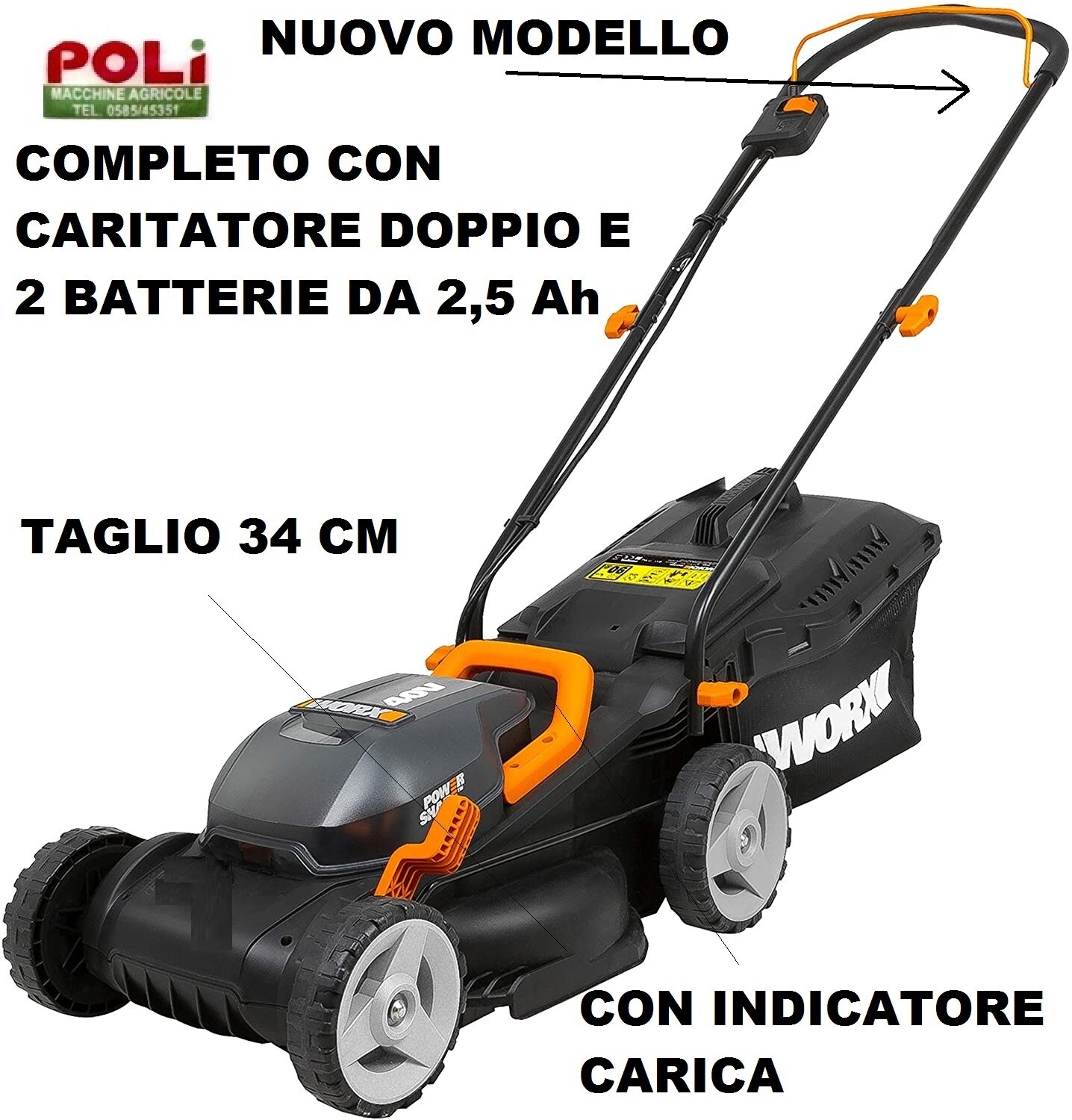 RASAERBA TAGLIAERBA A BATTERIA WORX WG779E COMPLETO DI TUTTO E 2 BATTERIE 2,5 AH