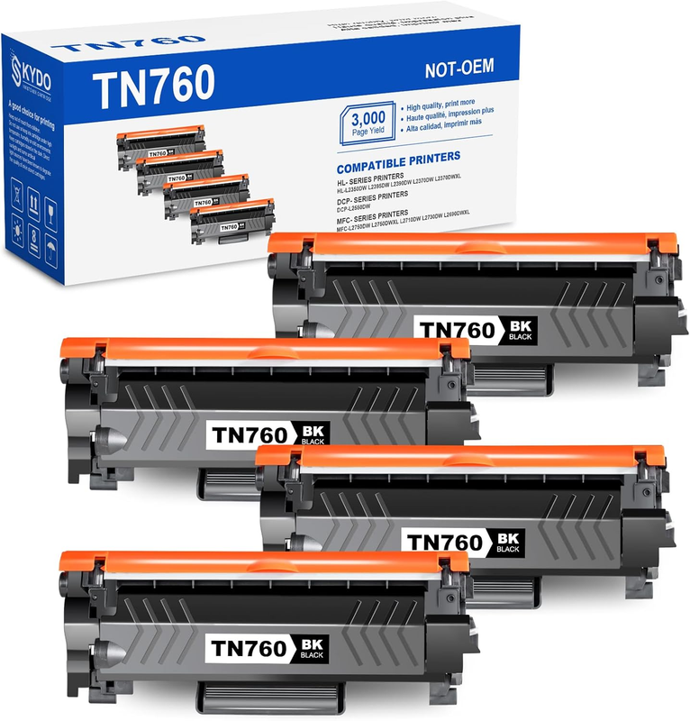 [4 Black] TN760 Toner Cartridge Compatible Replacement for TN760 TN-760 TN730 TN