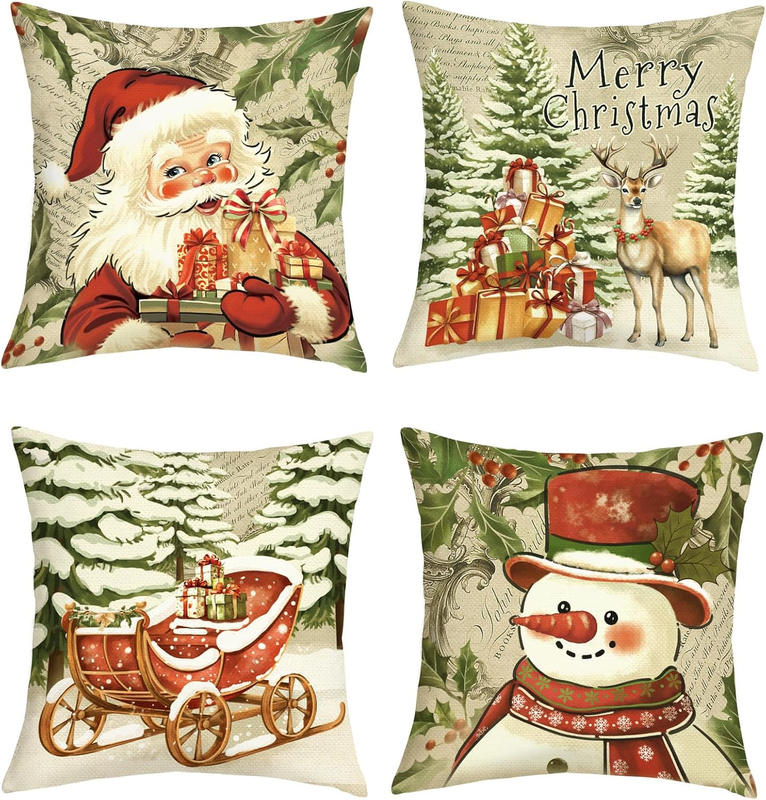 Kissenbezüge 45X45 4Er Set Retro Weihnachten Schneemann Rentier