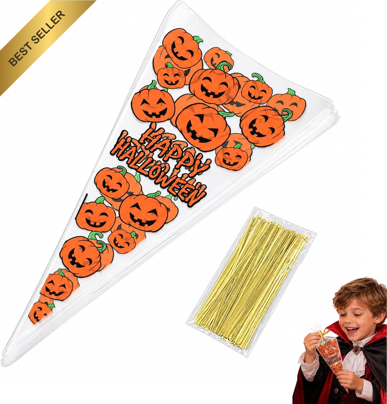 100 Pack Halloween Pumpkin Cone Bags, Clear Cellophane Treat Bags with Gold Twis