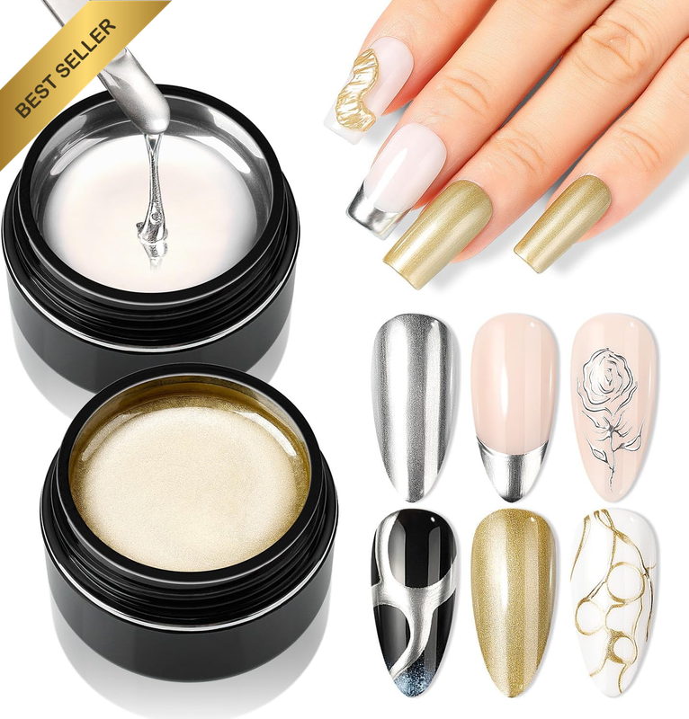 Metallic Gel Nail Polish Set, Hema Free, Silver and Gold 3D Metal Painting Gel f