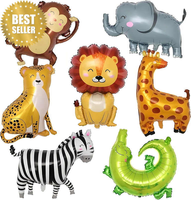 7 Pieces Jungle Animal Balloons, Safari Zoo Party Decorations, Large 89-99Cm Foi