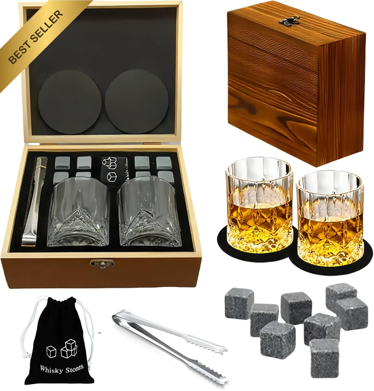 Whisky Glass Gift Set, with 2 Whiskey Glass Cups 8 Chilling Whiskey Stones, Wood