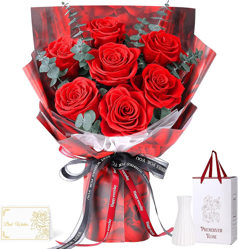 Eternal Roses Bouquet - 7 Red Preserved Roses in Gift Box for