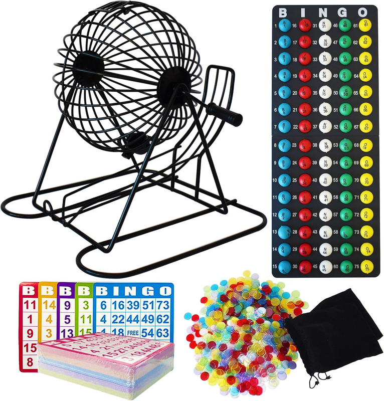 Jumbo Bingo Game Set - 11" Metal round Cage, 75 Colored Balls, 100 Bingo Cards, 500 Mixed Chips and Master Board for Large Groups, Parties