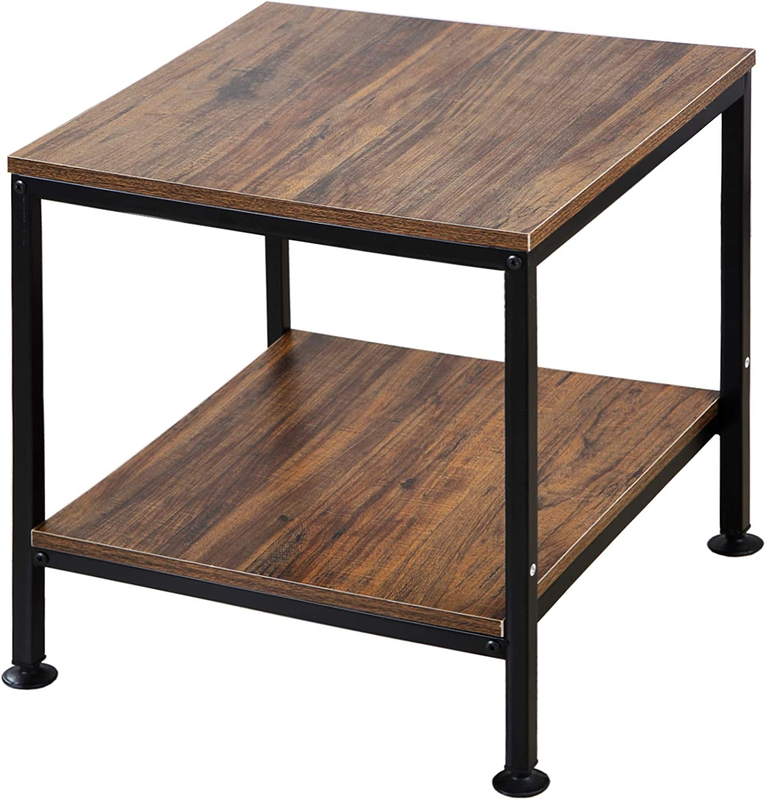 20 Inch 2 Tiers Square End Table with Metal Frame,Rustic Brown Fridge Stand Side