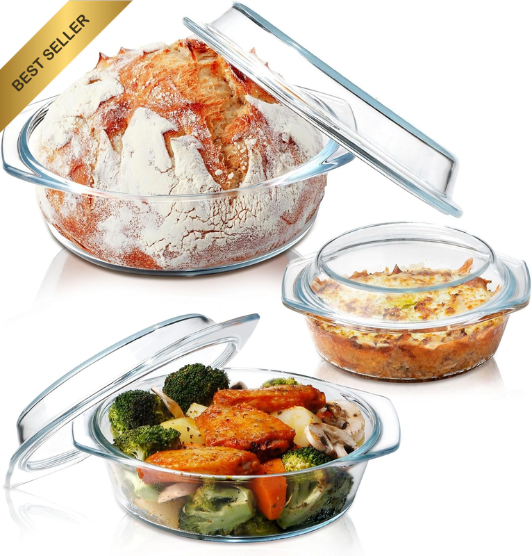 Clear round Casserole Dish with Lid - Set of 3 Glass Bakeware Bowls (0.65L, 1L,