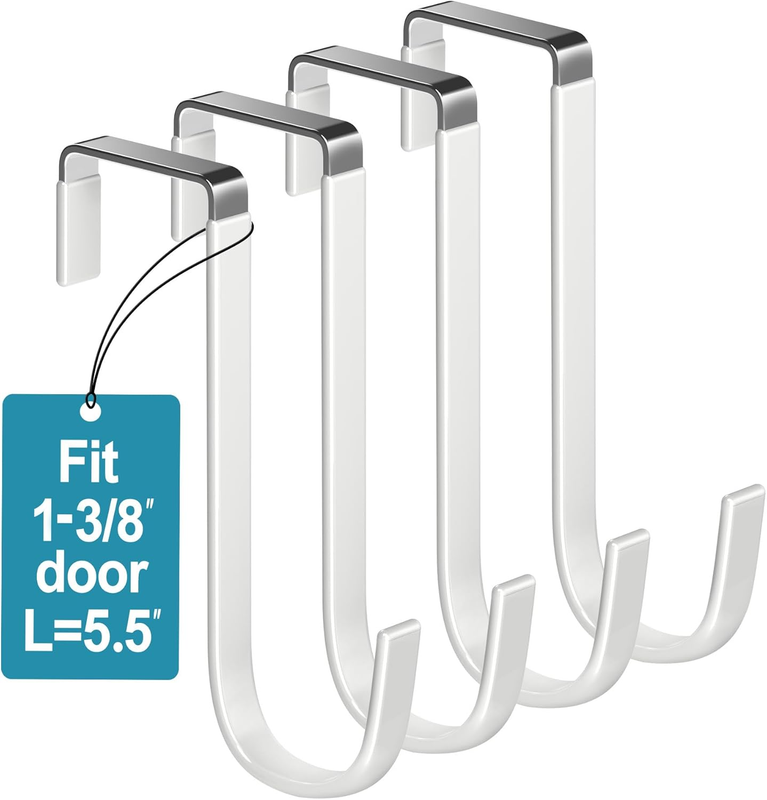Over the Door Hooks 4Pcs L=5.5" Fit 1 3/8" Door Steel w/ White Rubber Coating Ha