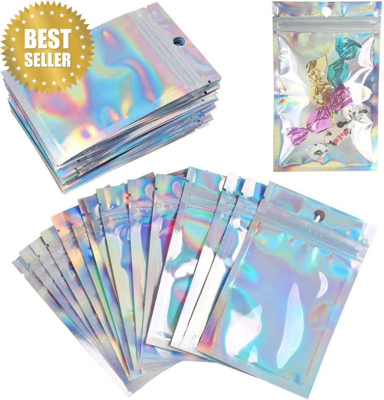 100PCS Resealable Rainbow Color Foil Ziplock Bags - Smell Proof & Holographic Pa
