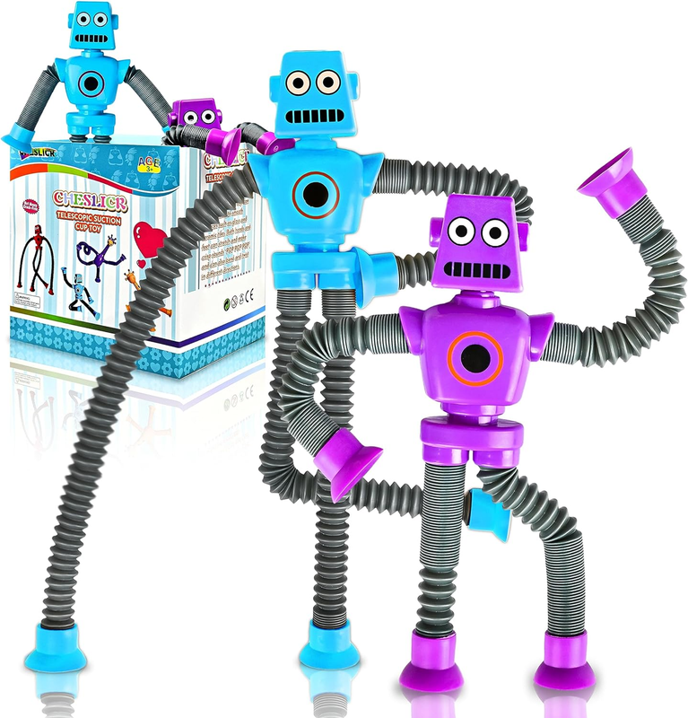 For Toddler Kid 2pcs, Suction Cup Robot Toy Pop Tubes Fidget