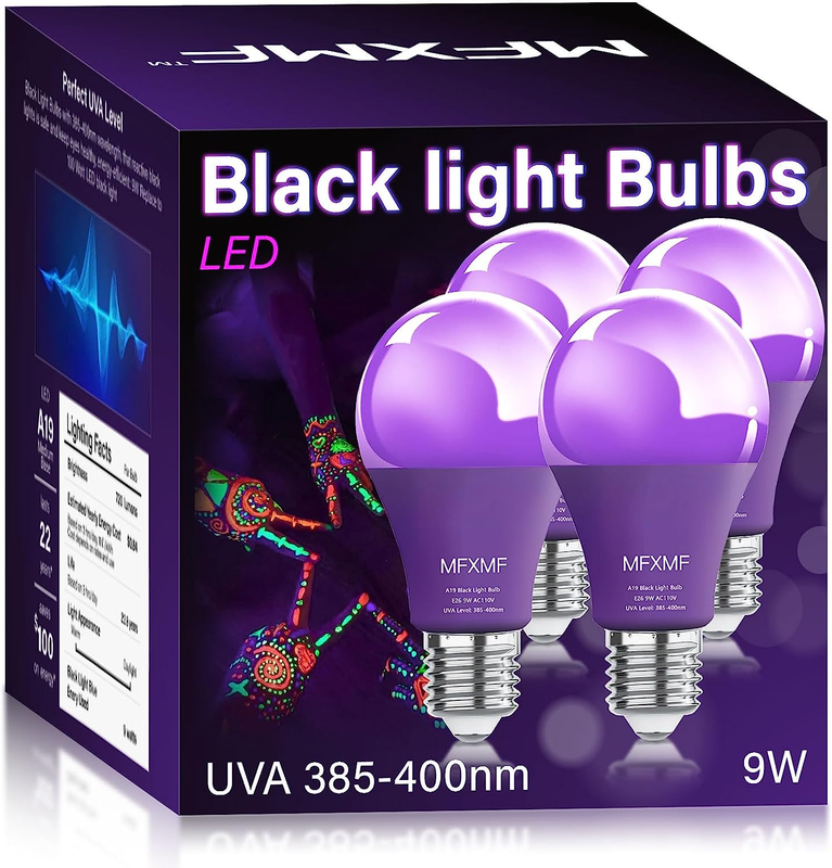A19 LED Black Light Bulbs 4 Pack,9W (100W Equivalent) E26 Base 110V Blacklight
