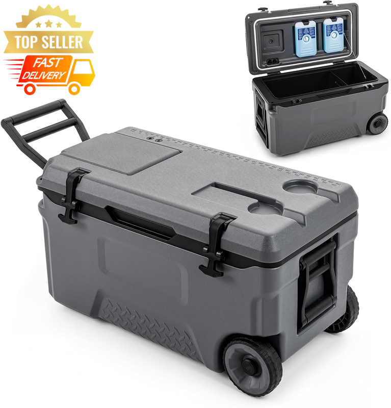Portable Rolling Cooler, Insulated 6-Day Ice Chest, Cup Holder & Bottle Opener