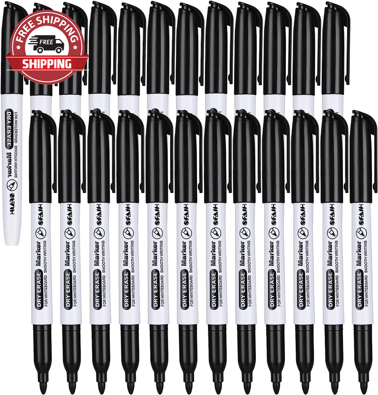 Fine Tip Dry Erase Markers - 24 Pack Black Whiteboard Erasable Markers Bulk for