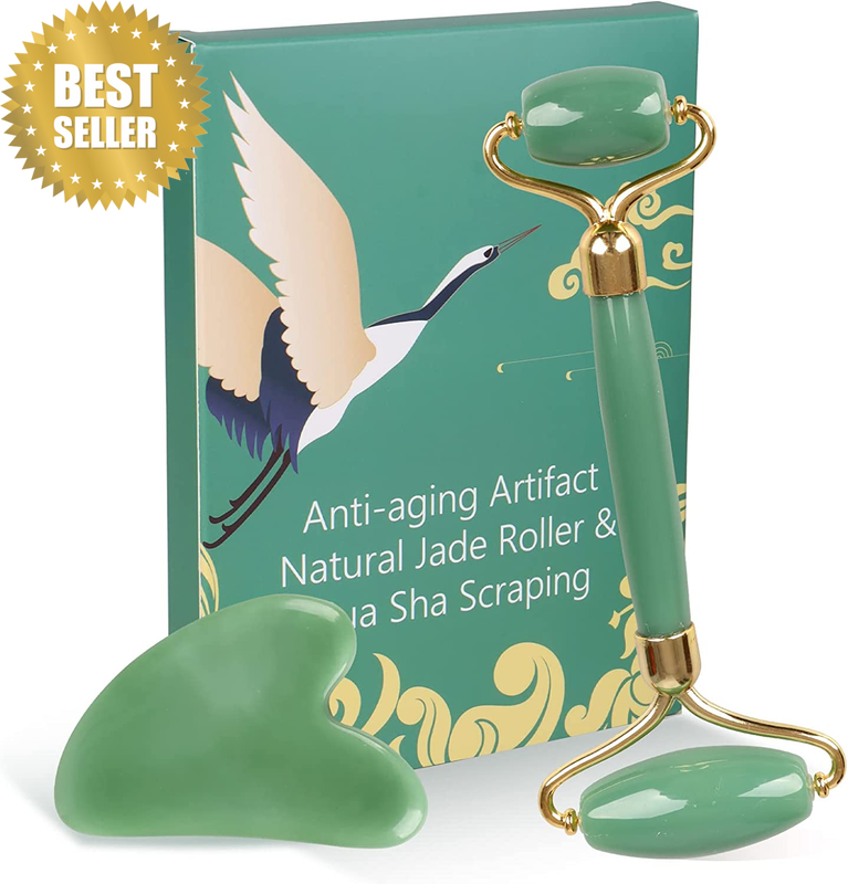 Gua Sha & Jade Roller Gift Set, Natural Green Face Roller and Gua Sha Stone Set,