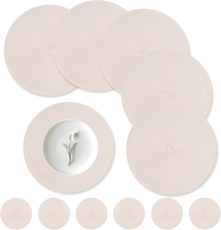 round Placemats Set of 6, 34 Cm Heat Resistant round Braided Table Mats with Coa