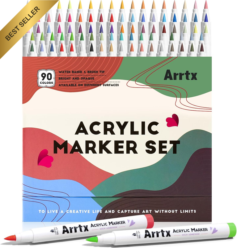 90 Color Premium Acrylic Paint Markers Brush Tip Water-Based Non-Toxic