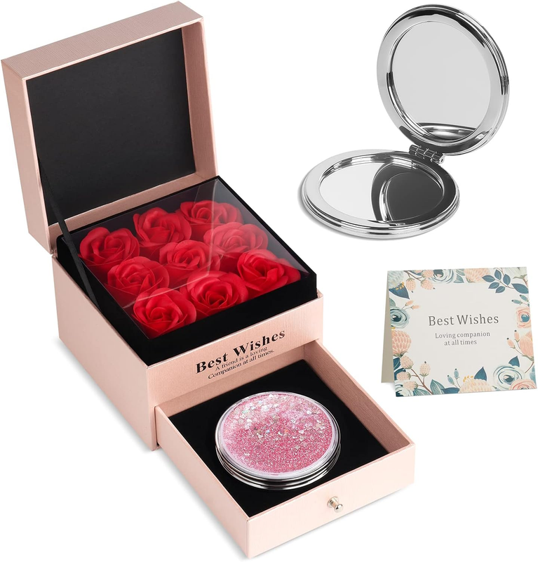 HSXIANG Mirror Compact with Preserved Rose Box Gift for Women, Wife, Mom, Sister