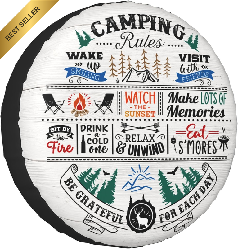 Camping Rules RV Spare Tire Cover - Camper Wheel Protector for Trailer, SUV, Tru