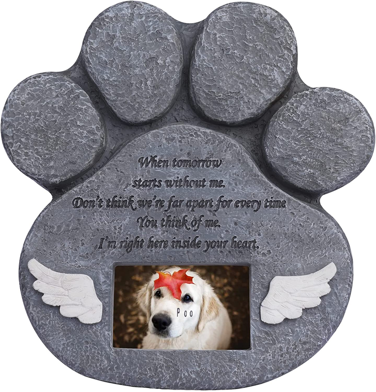 1WANYUE Paw Print Pet Memorial Stone, Grave Marker with Photo Frame Slot, Loss o
