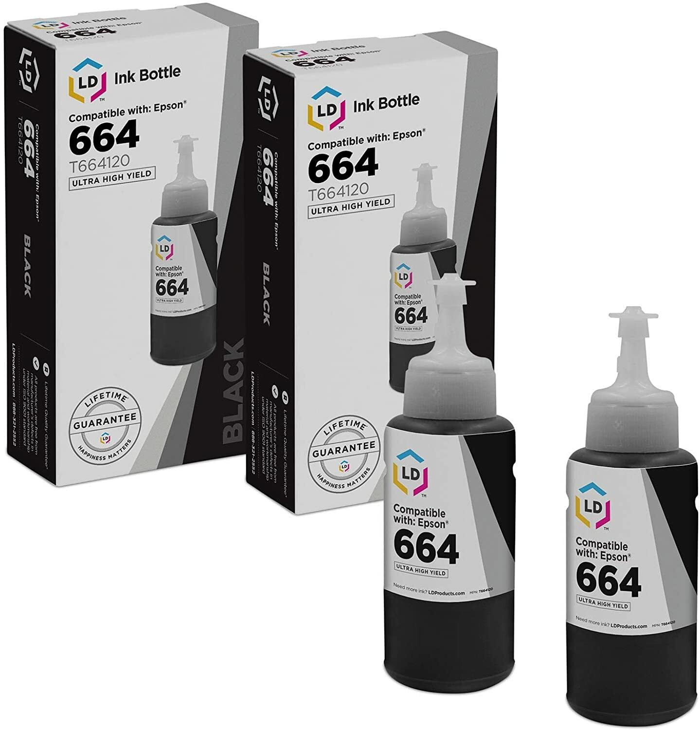 Compatible Epson T664/T664120 Lot de 2 bouteilles d'encre Noir pour Expression