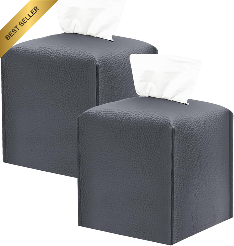 Tissue Box Cover 2 Pack- Premium PU Leather Facial Tissue Holder & Decorative Bo