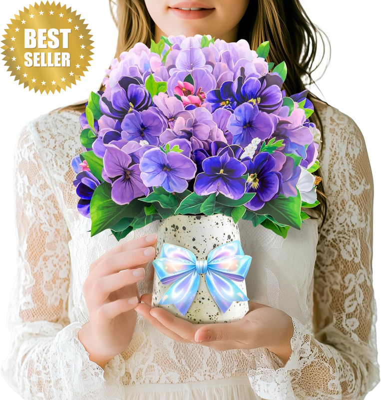 Violet Pop-Up Card, 3D Flower Bouquet Greeting Card with Envelope and Notecard,