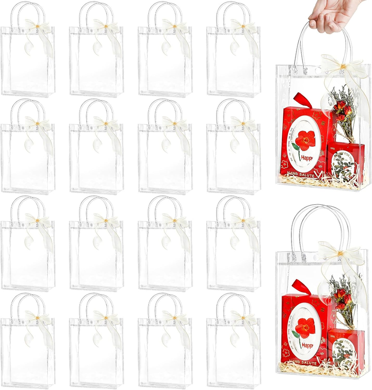24 PCS Clear Gift Bags with Handles, Reusable Plastic Gift W