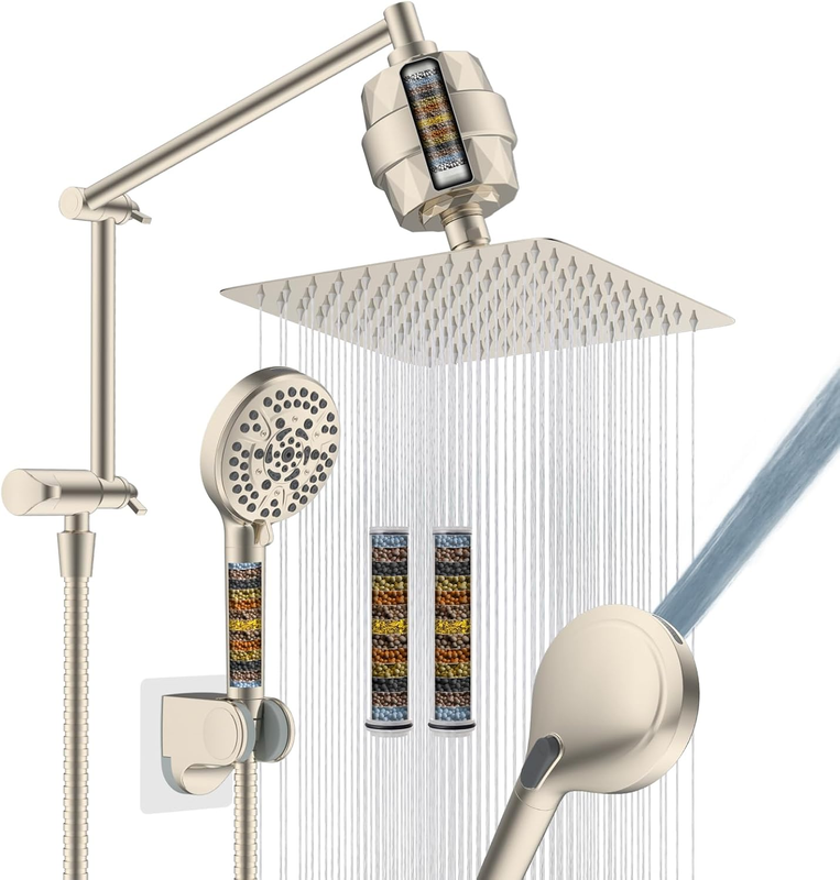 Filter Rain Shower Head, 10” High Pressure Rainfall Shower Head with Handheld Spray Combo, 10-Spray Handheld Built-In Power Wash, 16