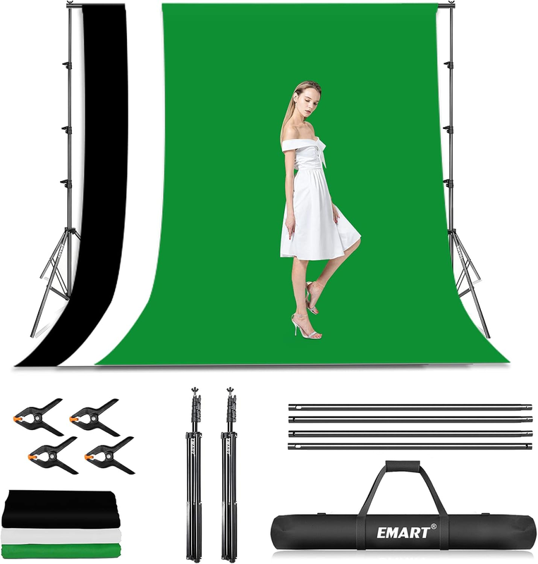Photo Video Studio Backdrop Stand Kit, 8.5X10Ft Adjustable Photography Greenscreen Support System with 3 Polyester Backgrounds for Photoshoot (Black White Green)