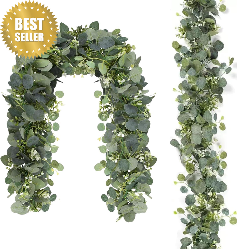 2 Pcs 180Cm Artificial Eucalyptus Garland, Artificial Garland with White Flowers