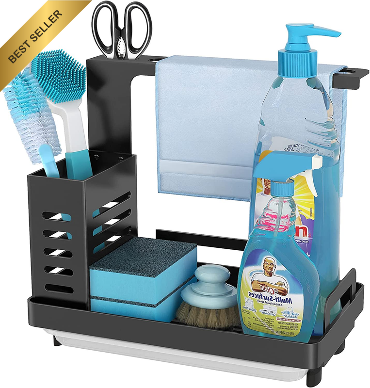 Kitchen Sink Caddy Organizer, Sponge Holder for Sink Soap Brush Dispenser Holder