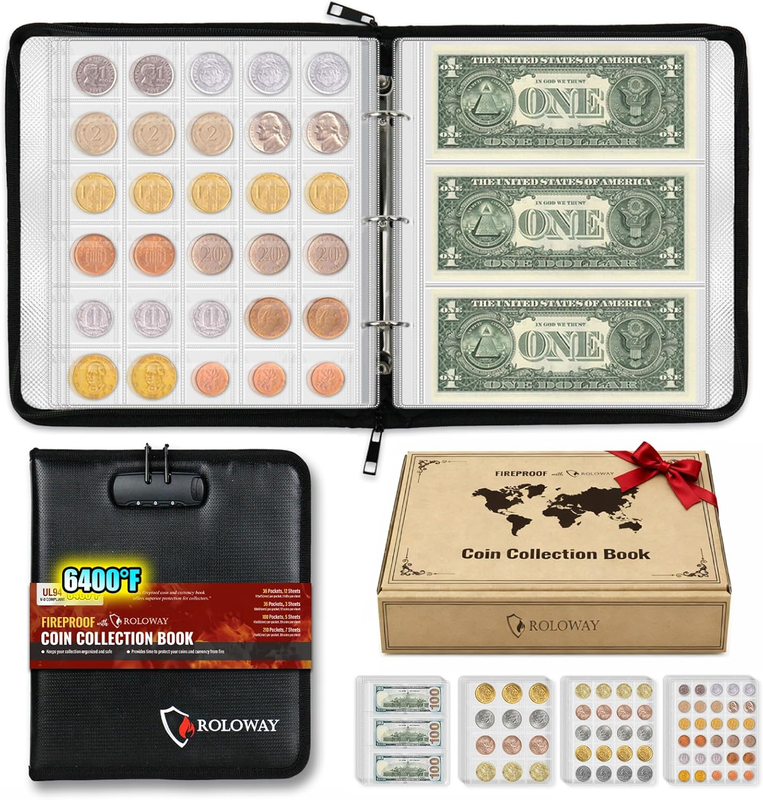 ROLOWAY Coin Collection Book 6400℉ Heat Insulated, 346 Pockets Fireproof Coin Bo