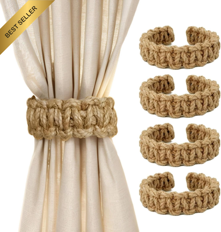 4 Pack Braided Curtain Tiebacks, Farmhouse Boho Rustic Holdbacks, Handmade Decor