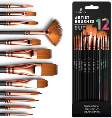 Professional Artist Paint Brush Set of 12 - 12, Black and Bronze 