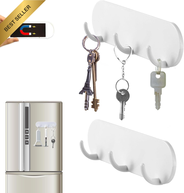 2-Pack Magnetic Key Holder with 3 Hooks for Refrigerator, Kitchen, and Laundry R