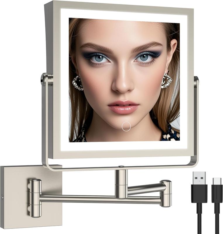 Rechargeable Wall Mounted Makeup Mirror with Lights, Double Sided 1X/10X Magnifying Vanity Mirror with 3 Color Light, Touch Screen Dimmable, 360° Rotation Extension Foldable Arm(Brushed Nickel)