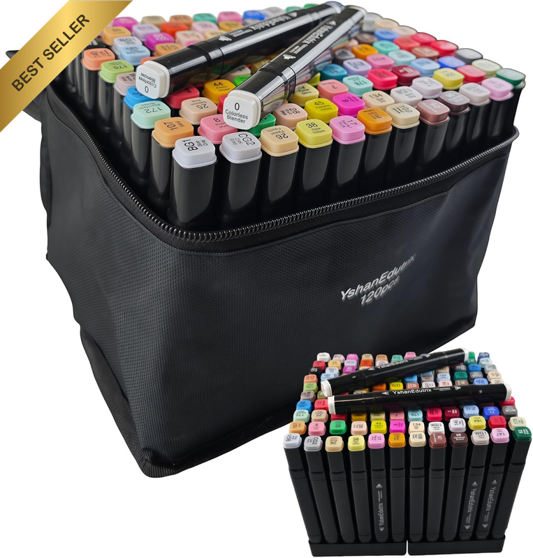 122-Piece Alcohol Markers, 120 Markers Set with 2 Bonus Blenders, Dual Tip Art M