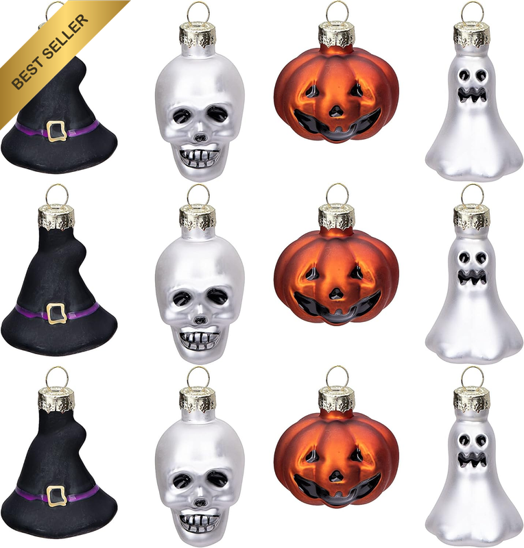 12 PCS Halloween Glass Ornaments-Halloween Decorations Glass Blown Ornaments wit
