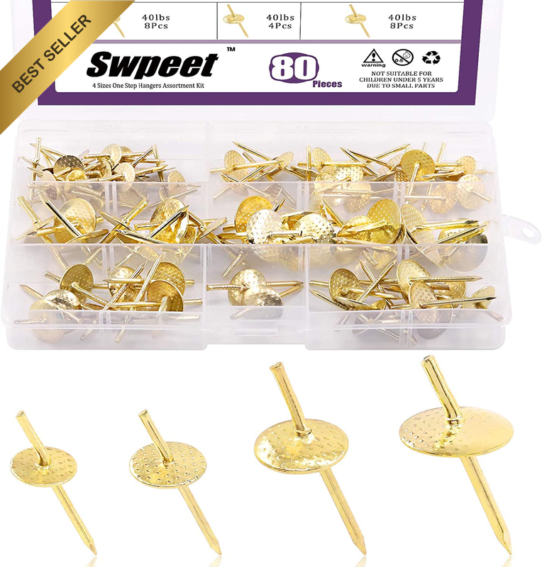 80Pcs 4 Different Sizes Gold Picture Hangers Assortment Kit, 10Ib 20Ib 40Ib 60Ib