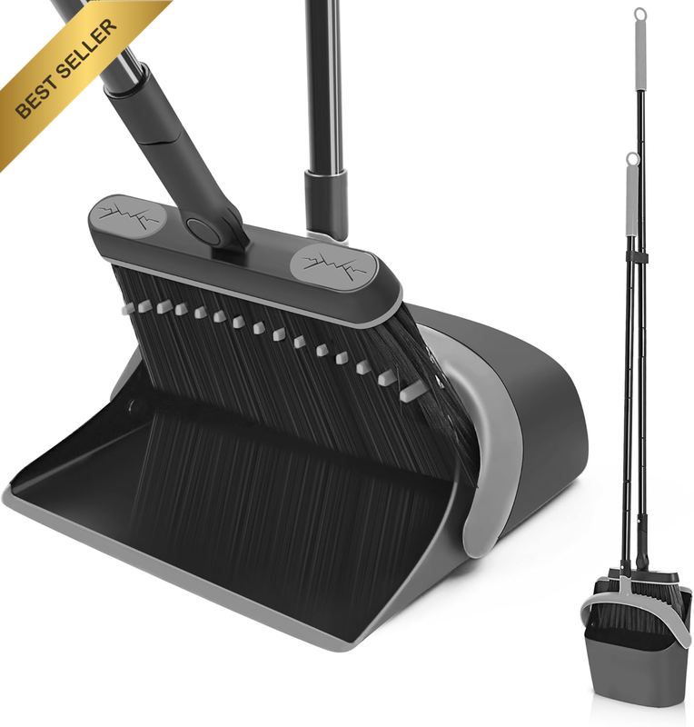 Broom and Dustpan Set Long Handle Upright Foldable w/ Comb