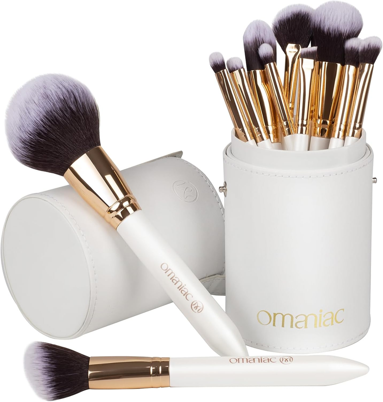 Omaniac 12-Piece Professional Makeup Brush Set with Pearl Handles and Case