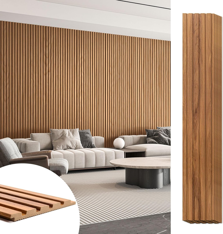 6-Pieces Wood Slat Panels for Stylish Interior Decor and Ceiling Decoration,Mdf 3D Textured Panel for Ceiling and Wall,Size 94.6 X 7.4 In-Teak